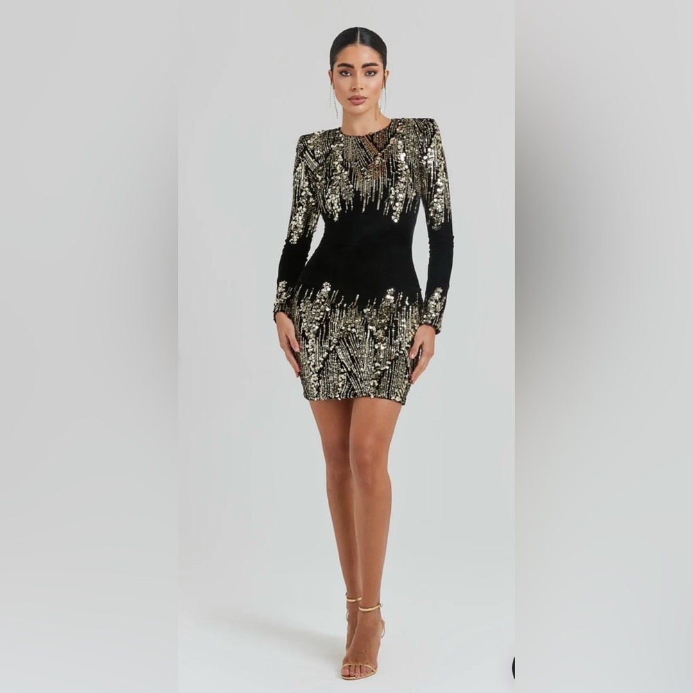 Black and Gold Dress Long Sleeve Sequin Mini Dress-Black